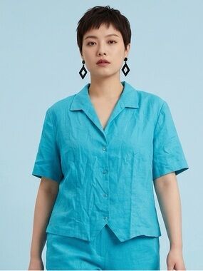 Vintage D.W. Studio 90s Plus Size Teal Button Down Collard Blouse Top - Size 16